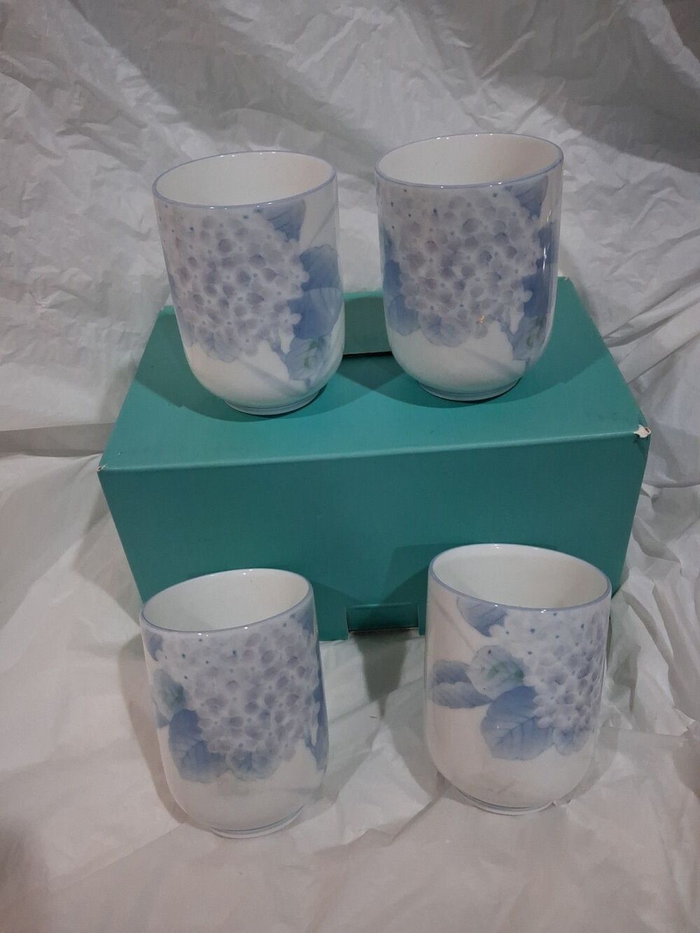 Vintage Japanese Teacup Set, Blue White Hydrangea Koho Kiln